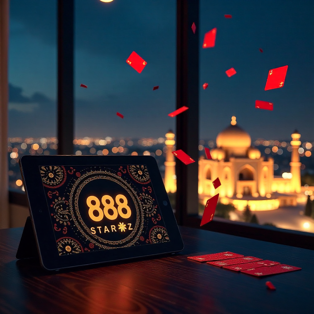 Luxury modern interior in a Samarkand penthouse overlooking the illuminated Registan Square at night through panoramic windows, 888starz official branding on a tablet screen, 3D golden multipliers and red playing cards floating in the air, sophisticated a